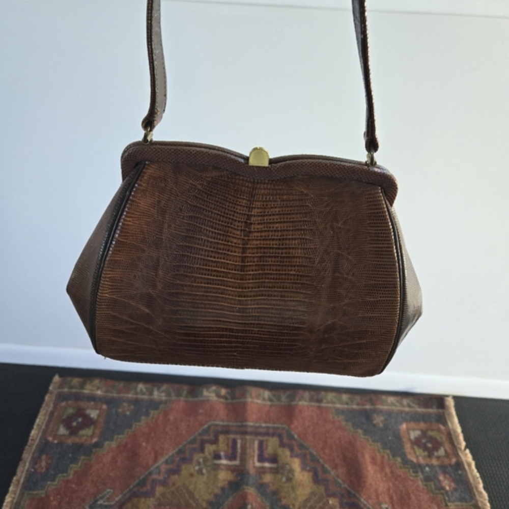Vintage Brown Lizard Purse Clasp Goldtone Feet Handbag Bag Croc Boho Chic